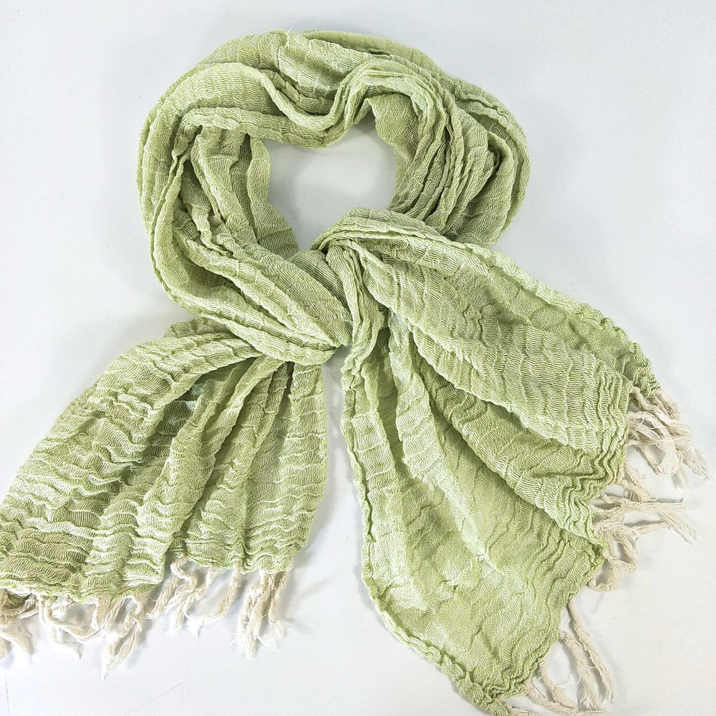 Yarn Dyed French Linen Ripple Effect Scarf with Hand Kotted Edge - Green