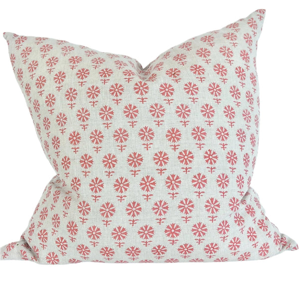 Olso Pink Artisan Block Printed Heavy Weight Pure French Linen Cushion 55cm Square - Feather Filled