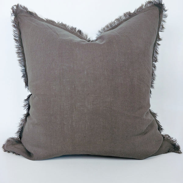 Hazelhurst 100% Pure French Linen Fringed Edge Cushion Square Feather Filled 50cm- Mocha