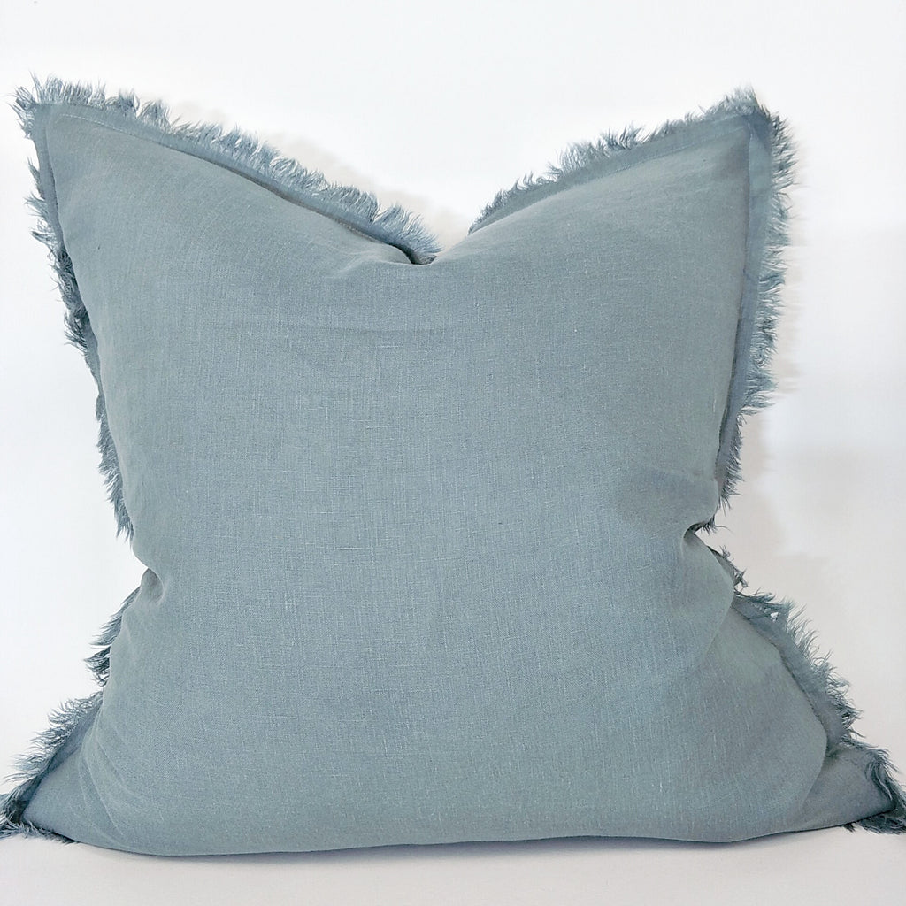 Hazelhurst 100% Pure French Linen Fringed Edge Cushion Square Feather Filled 50cm- Blue Grey - LAST ONE