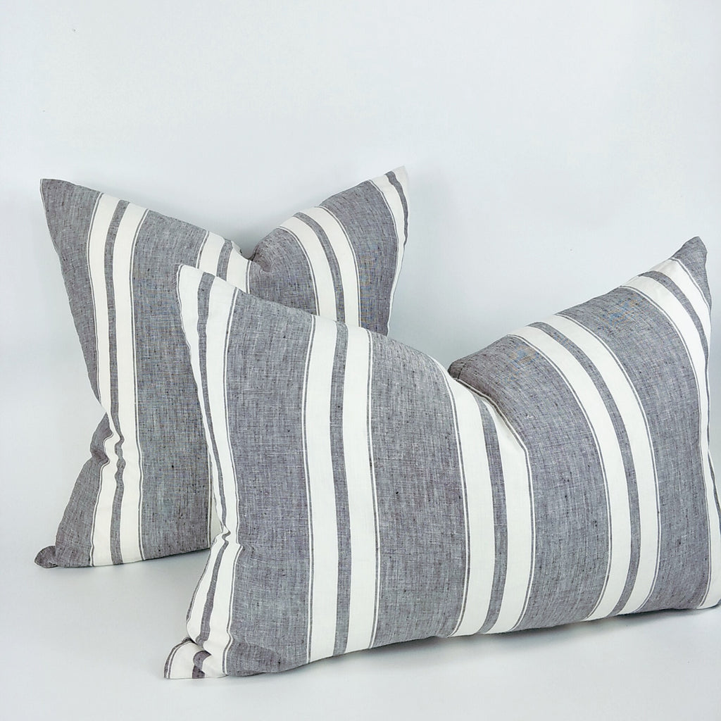 Chambry Yarn Dyed Pure French Linen Cushion 3 sizes - Feather Filled - White Grey Striped