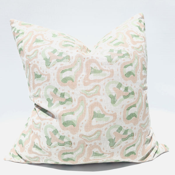 The Outback Artisan Block Printed Heavy Weight Pure French Linen Feather Filled Cushion 55cm Square - Lake Eyre (The Pink Lake)