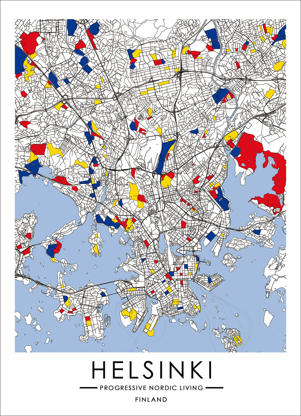Progressive Nordic Living Map inspired by Art of Piet Mondrian Fine Print - Helsinki