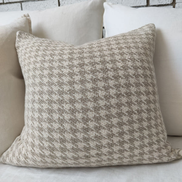 Rustic Linen Cotton Cushion Square Feather Filled - Jacquard Houndstooth