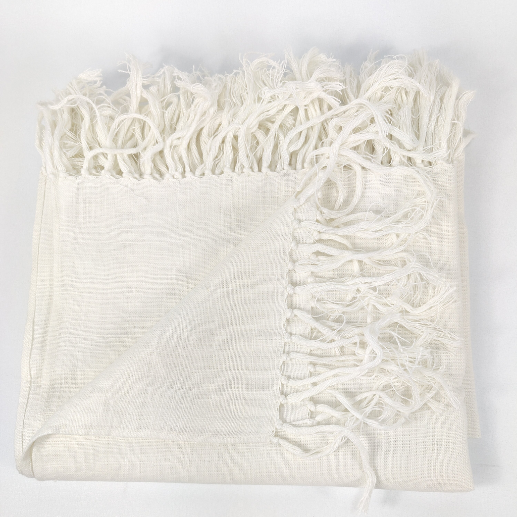 Riviera Heavy Weight Texture French Linen Knotted Fringed Throw - Crystal White LAST ONE