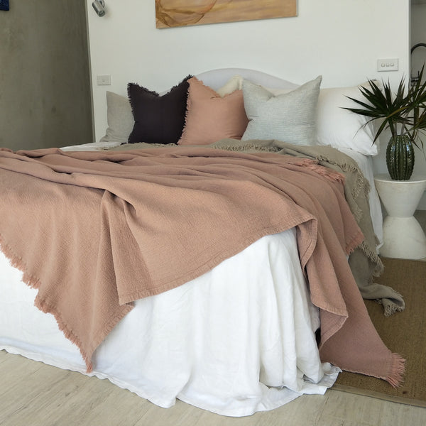 Faith Heavy Weight 100% Pure French Linen Bed Cover with Fringe Edge- Dusty Pink