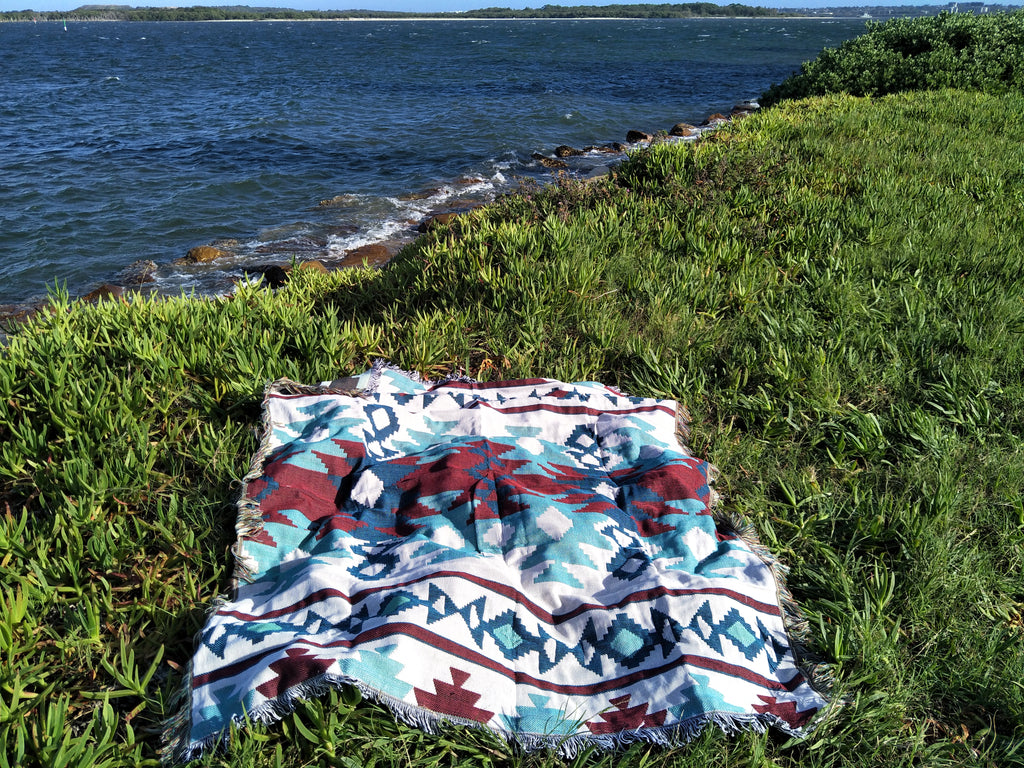 Woven Tapestry Picnic Rug Beach Blanket-  Native Blue