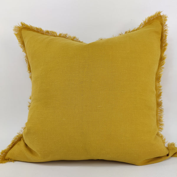 Hazelhurst 100% Pure French Linen Fringed Edge Cushion Square Feather Filled 50cm- Mustard