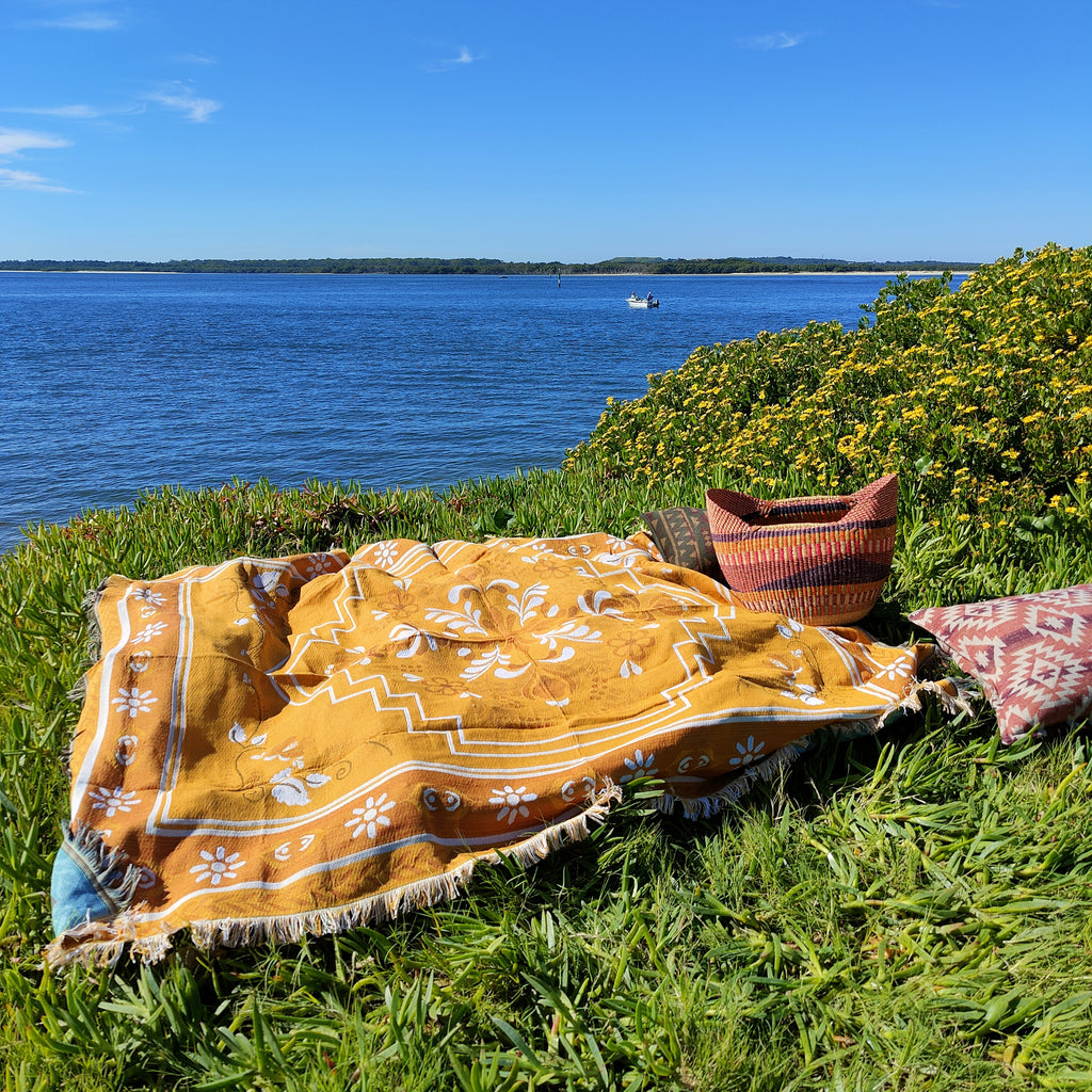 Woven Tapestry Picnic Rug Beach Blanket- Garden Ochre