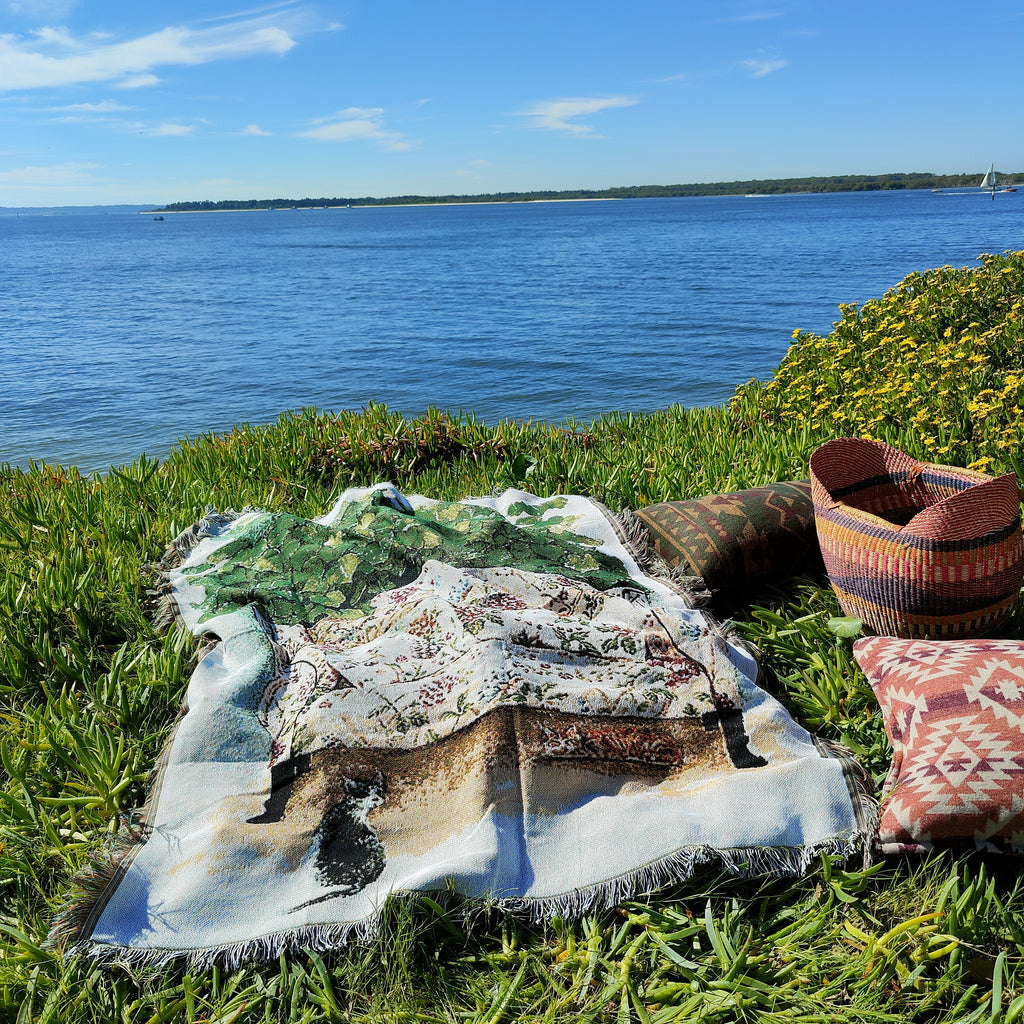 Woven Tapestry Picnic Rug Beach Blanket-  Cat in the Garden