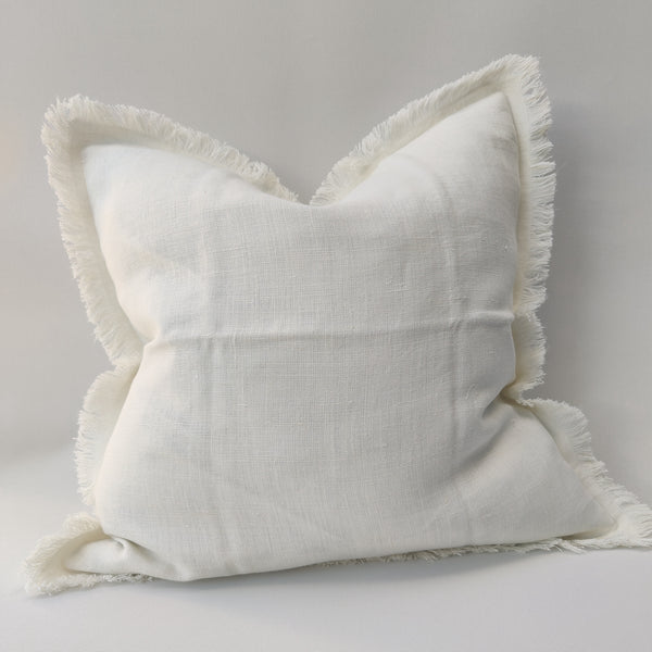 Riviera Heavy Weight Texture French Linen Fringed Edge Cushion Feather Filled 50cm Square- Crystal White LAST ONE