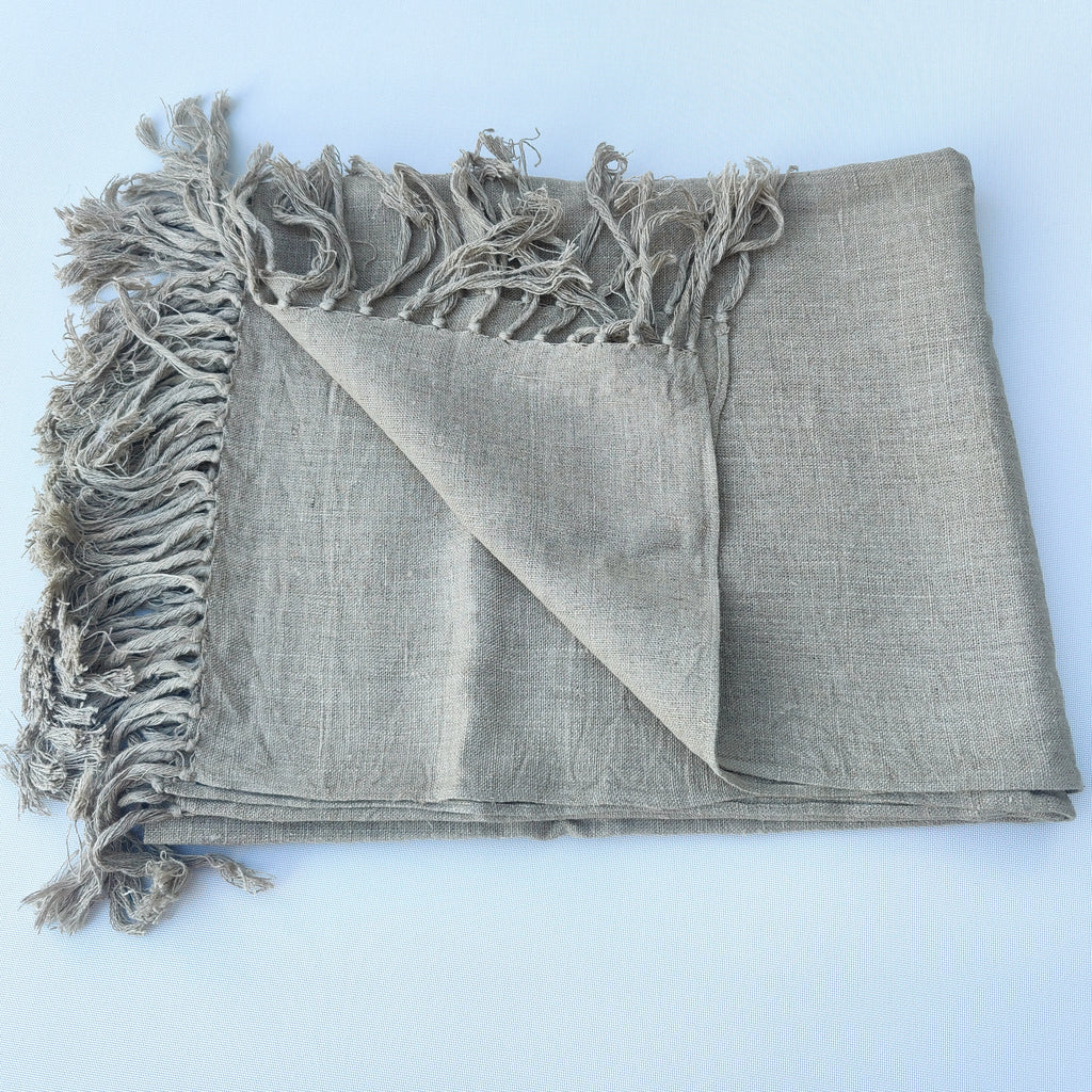 Riviera Heavy Weight Texture French Linen Knotted Fringed Throw - Flax