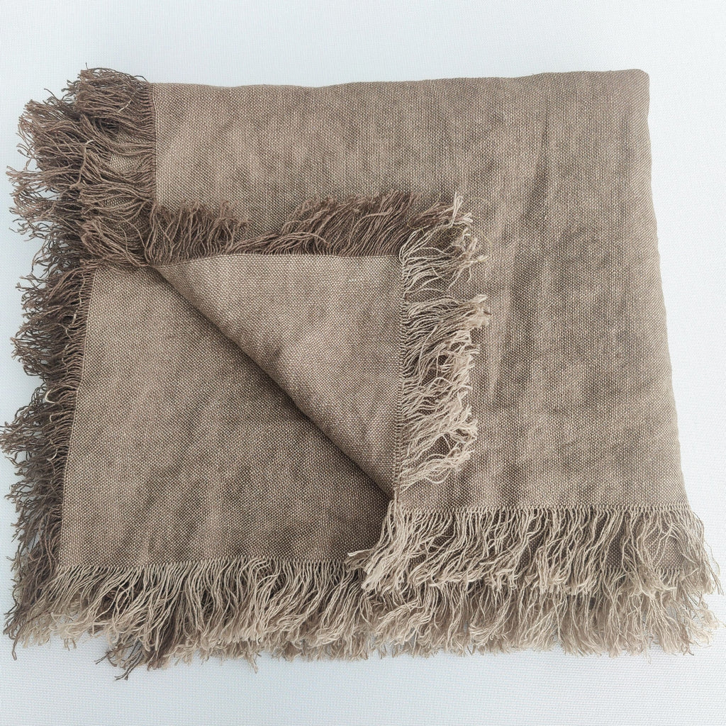 Cultiver Yarn Dyed Pure French Linen Fringe Throw - Earthy Brown