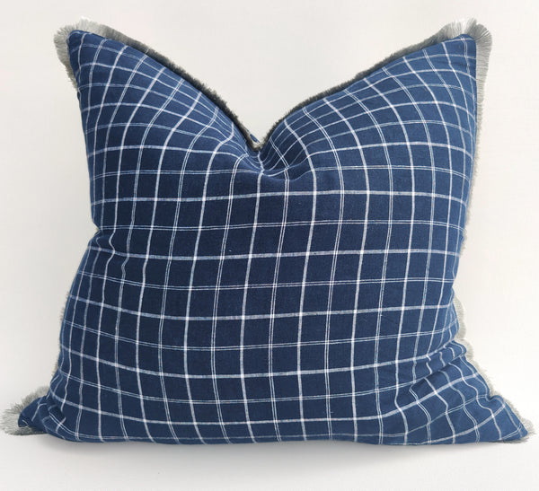 Claude Indigo Plaid French Linen Cushion Feather Filled 55cmx55cm