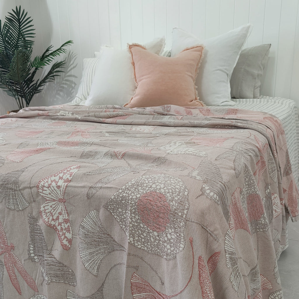 Fairy Garden 100% Muslin Jacquard Cotton Bedcover Double to Queen - Pink