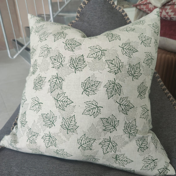 LAST ONE - JAPANDI Granite Green Maple Aartisan Block Printed Heavy Weight Pure French Linen Cushion 55cm Square - Feather Filled