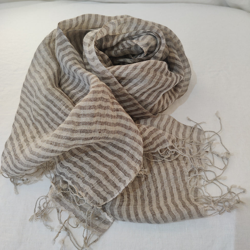 Wanderers Yarn Dyed French Linen Scarf with Hand Kotted Edge - Pinstriped