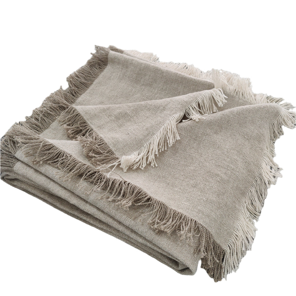 Riviera Heavy Weight Texture French Linen Fringed Edge Massive Throw Bedcover 145cm x 220cm- Oatmeal