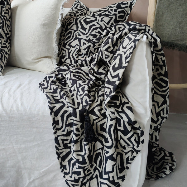 Charlotte French Linen Msssive Throw Bedcover with Tassel 220cmx150cm- Black & Oatmeal
