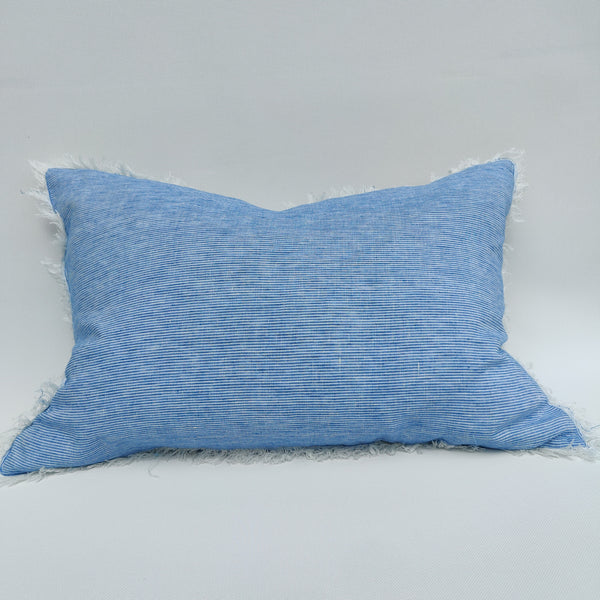Iberian Coast Yarn Dyed Pure French Linen Cushion 40x60cm Lumbar Plush Feather Filled - La Caleta Pinstriped Blue