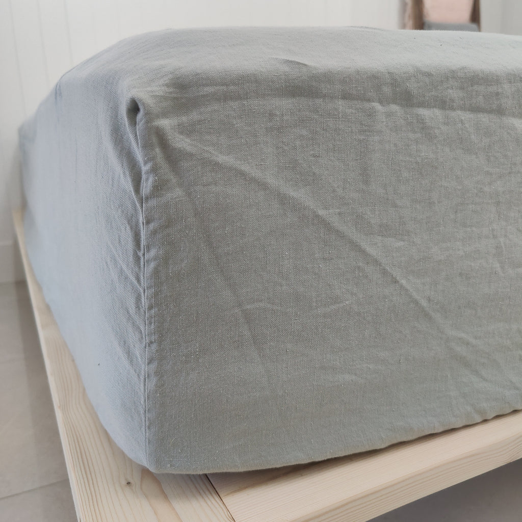 Heavy Weight Pure French Linen Fitted Sheet 50cm Wall - Duck Egg Blue