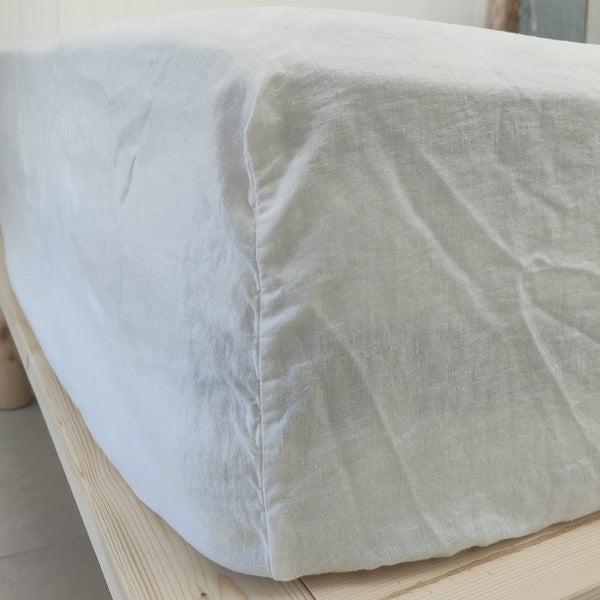Heavy Weight Pure French Linen Fitted Sheet 50cm Wall - White
