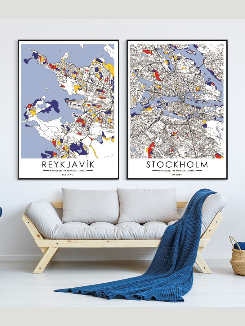 Progressive Nordic Living Map inspired by Art of Piet Mondrian Fine Print - Stockholm