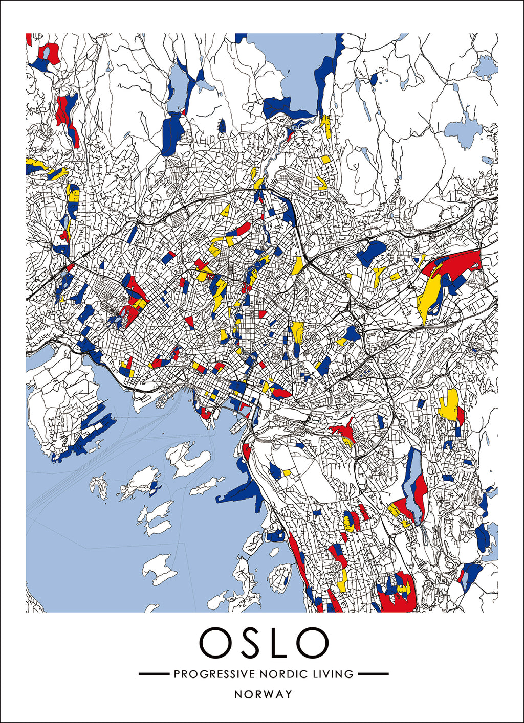 Progressive Nordic Living Map inspired by Art of Piet Mondrian Fine Print - Oslo
