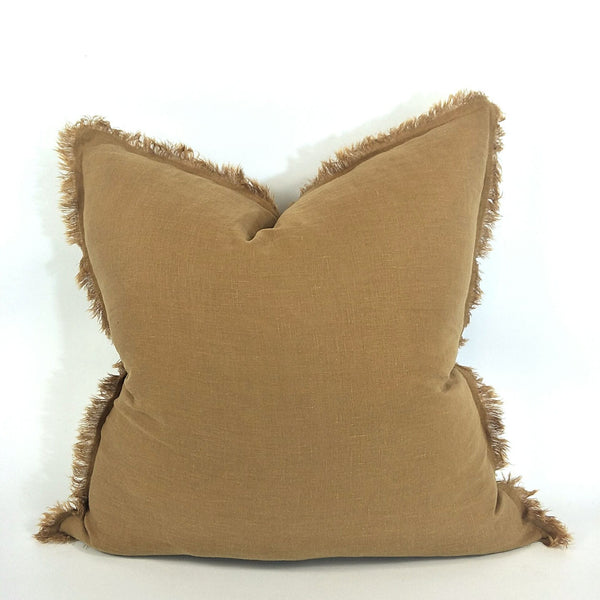 Hazelhurst 100% Pure French Linen Fringed Edge Cushion Square Feather Filled 50cm- Ochre LAST 2 LEFT