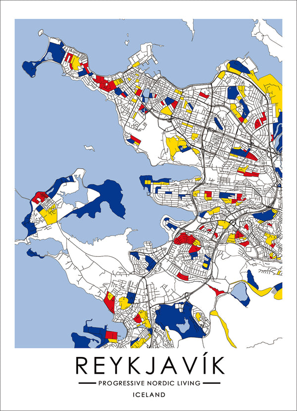Progressive Nordic Living Map inspired by Art of Piet Mondrian Fine Print - Reykjavík