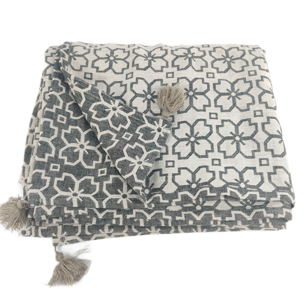 Moroccan Tile Cotton Linen Yarn Dyed Feather Filled Bedcover & Massive Throw 230cm x 200cm