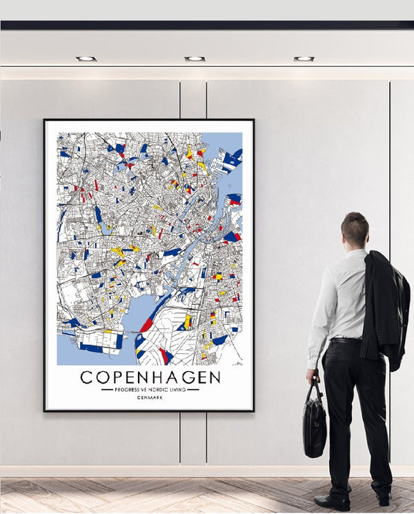 Progressive Nordic Living Map inspired by Art of Piet Mondrian Fine Print - Copenhagen
