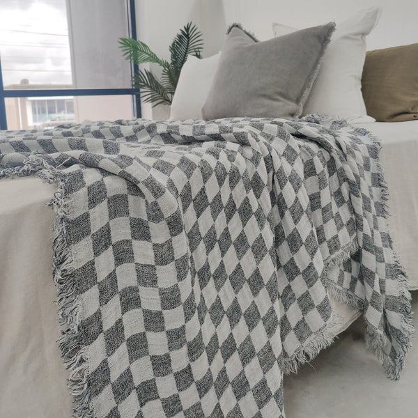 Matera Knitted French Linen Massive Throw & Bed Cover 220x210cm - Monochrome Check