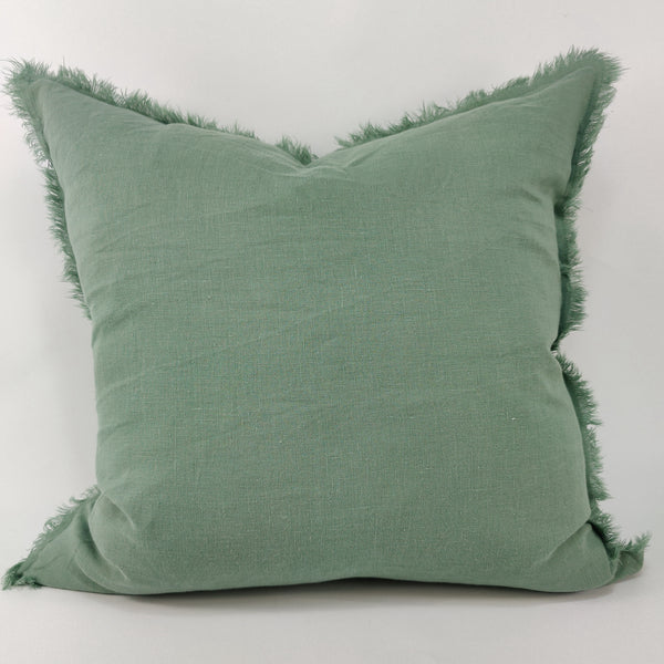 Hazelhurst 100% Pure French Linen Fringed Edge Cushion Square Feather Filled 50cm-Mint