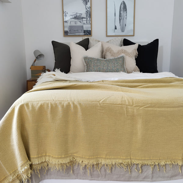 Faith Heavy Weight 100% Pure French Linen Bed Cover with Fringe Edge- Mustard