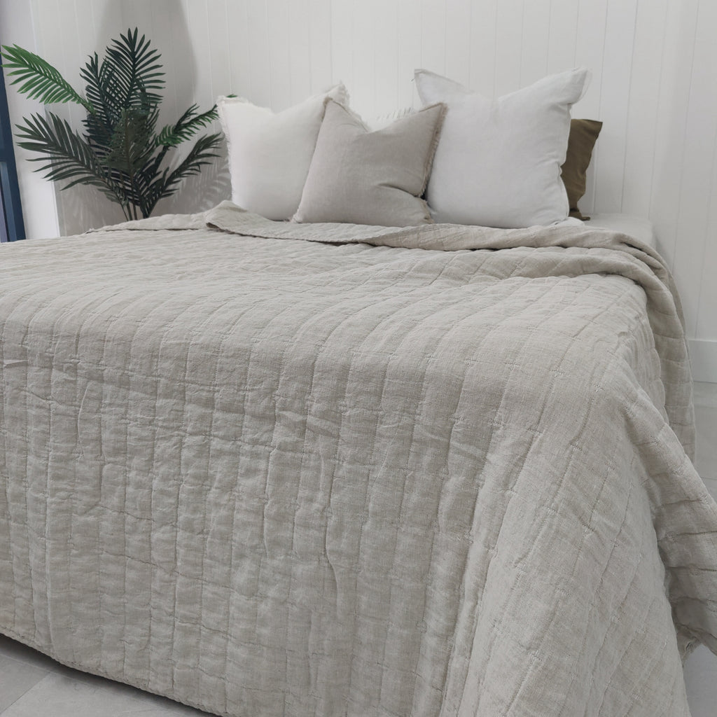 Helsinki 100% Pure French Linen Quilted Bed Cover  230x200cm- Natural