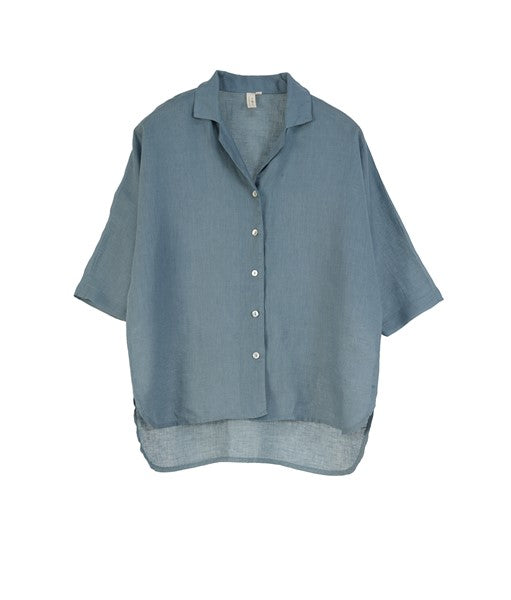 Poppy European Linen Short Sleeve Shirt- Lead Blue
