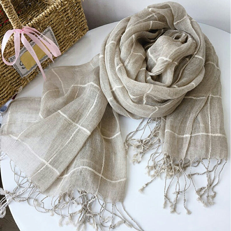 Pure French Linen Hand-woven Long Scarves - Natural White Check